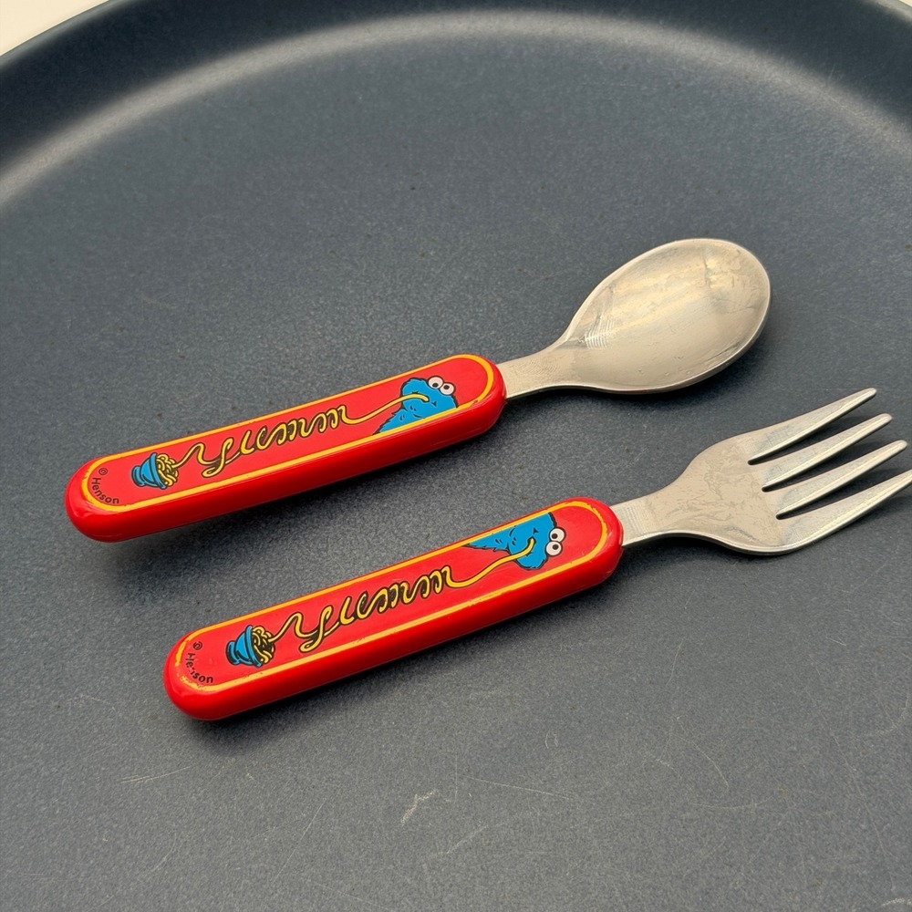 Vintage Sesame Street‎ Cookie Monster Toddler Fork Spoon Set The First Years Red